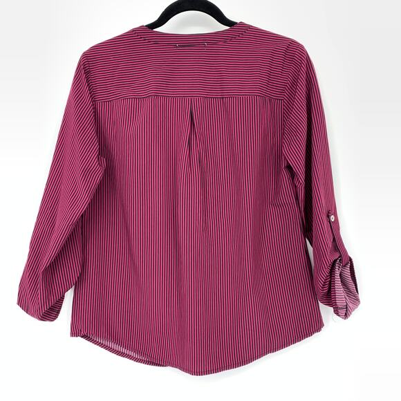 Notations Tab Sleeve Button Front Blouse Womens Sz Small Pink Black Striped NEW - Picture 2 of 6